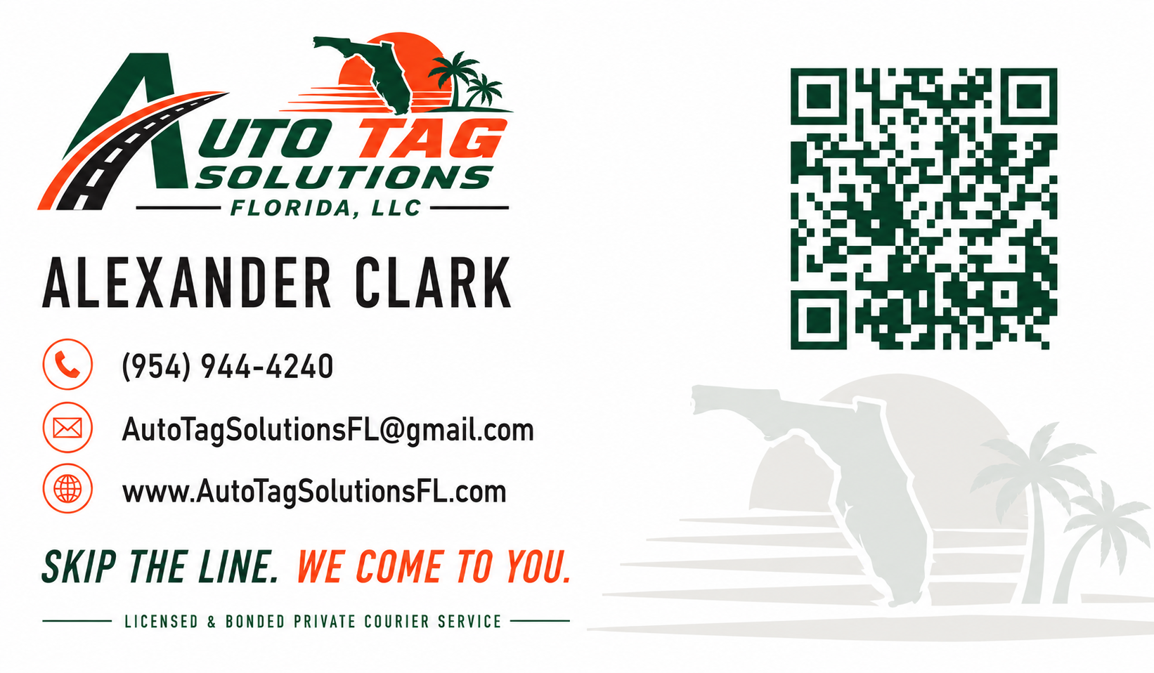 Auto Tag Solutions Florida, LLC business card with phone number, email address, website, and QR code