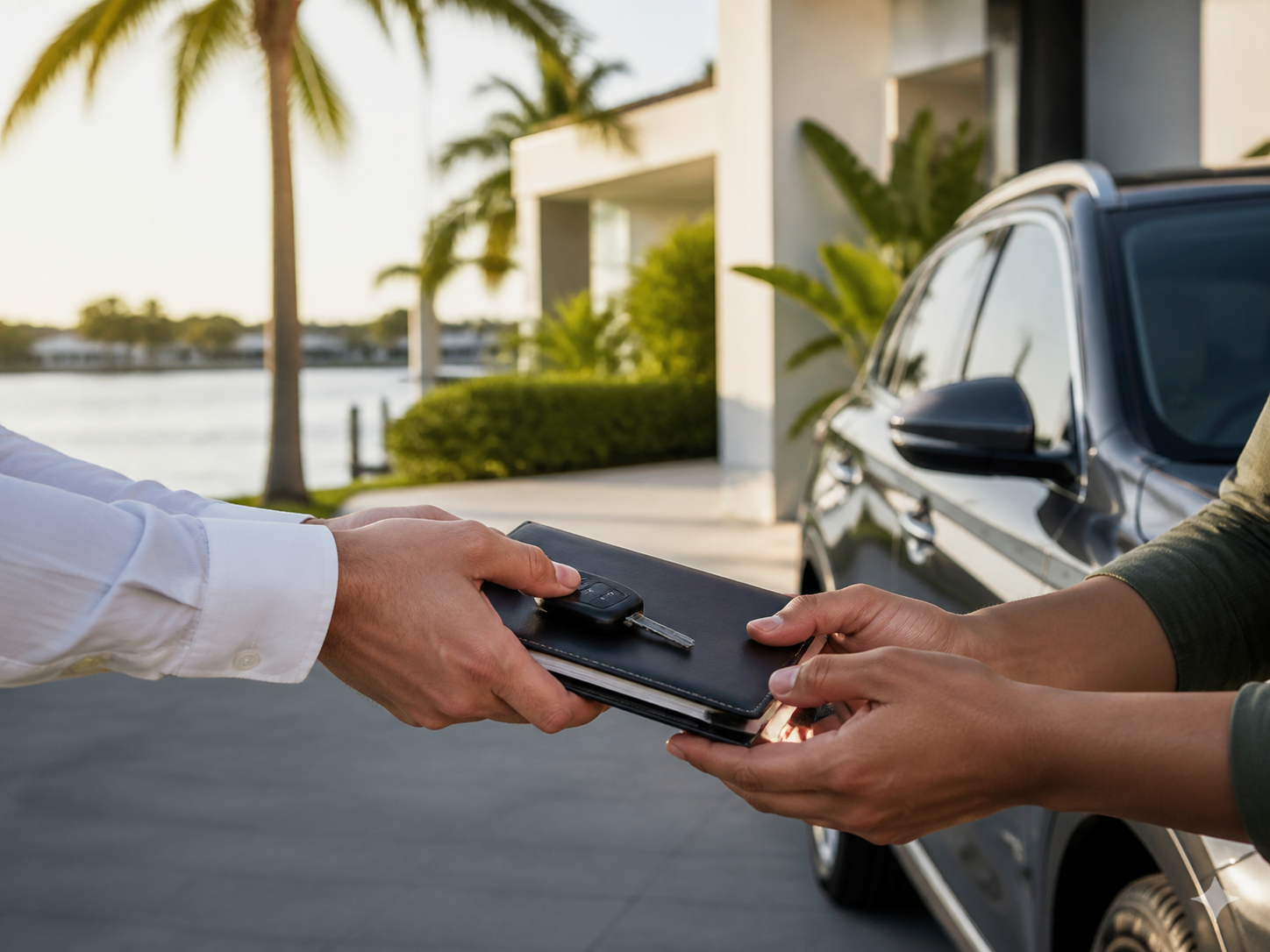A professional mobile vehicle-service handoff with car keys beside a vehicle on the South Florida waterfront