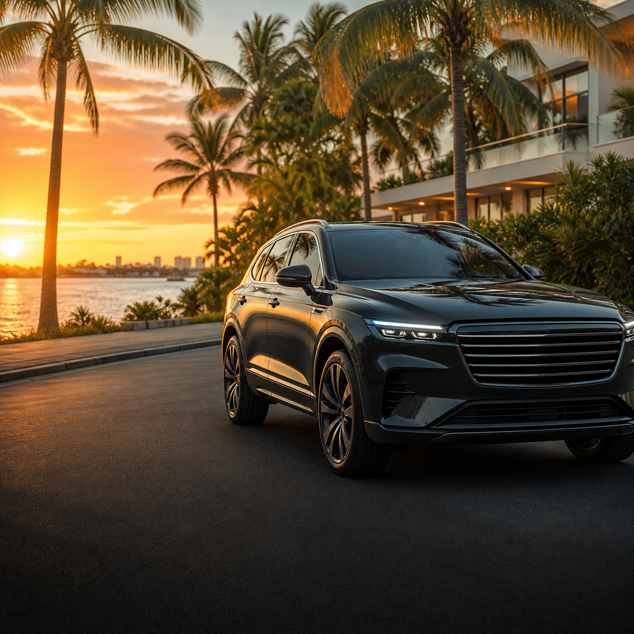 Premium vehicle on a palm-lined South Florida waterfront road at sunset