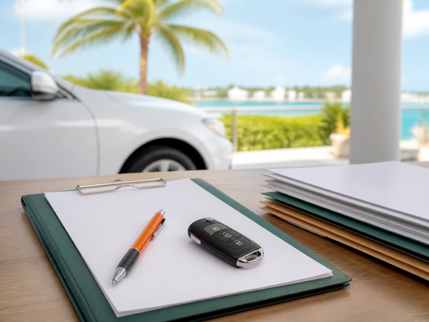 Organized paperwork, a pen, and car keys beside a South Florida waterfront