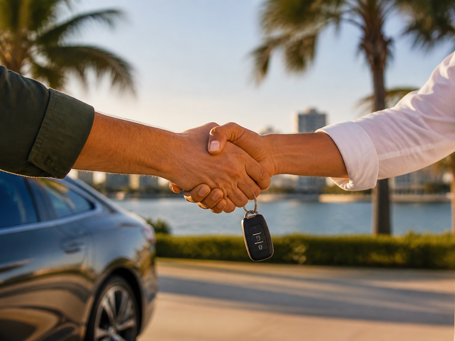 A professional handshake with car keys beside a vehicle on the South Florida waterfront