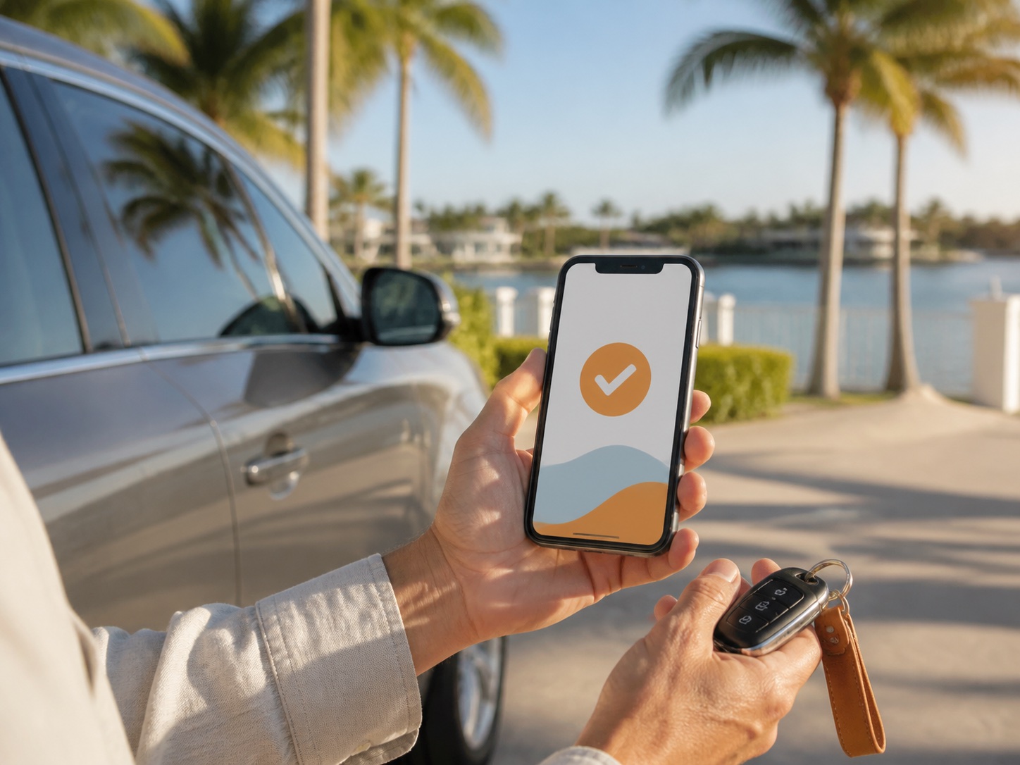 A customer holding a phone confirmation and car keys beside a vehicle on the South Florida waterfront