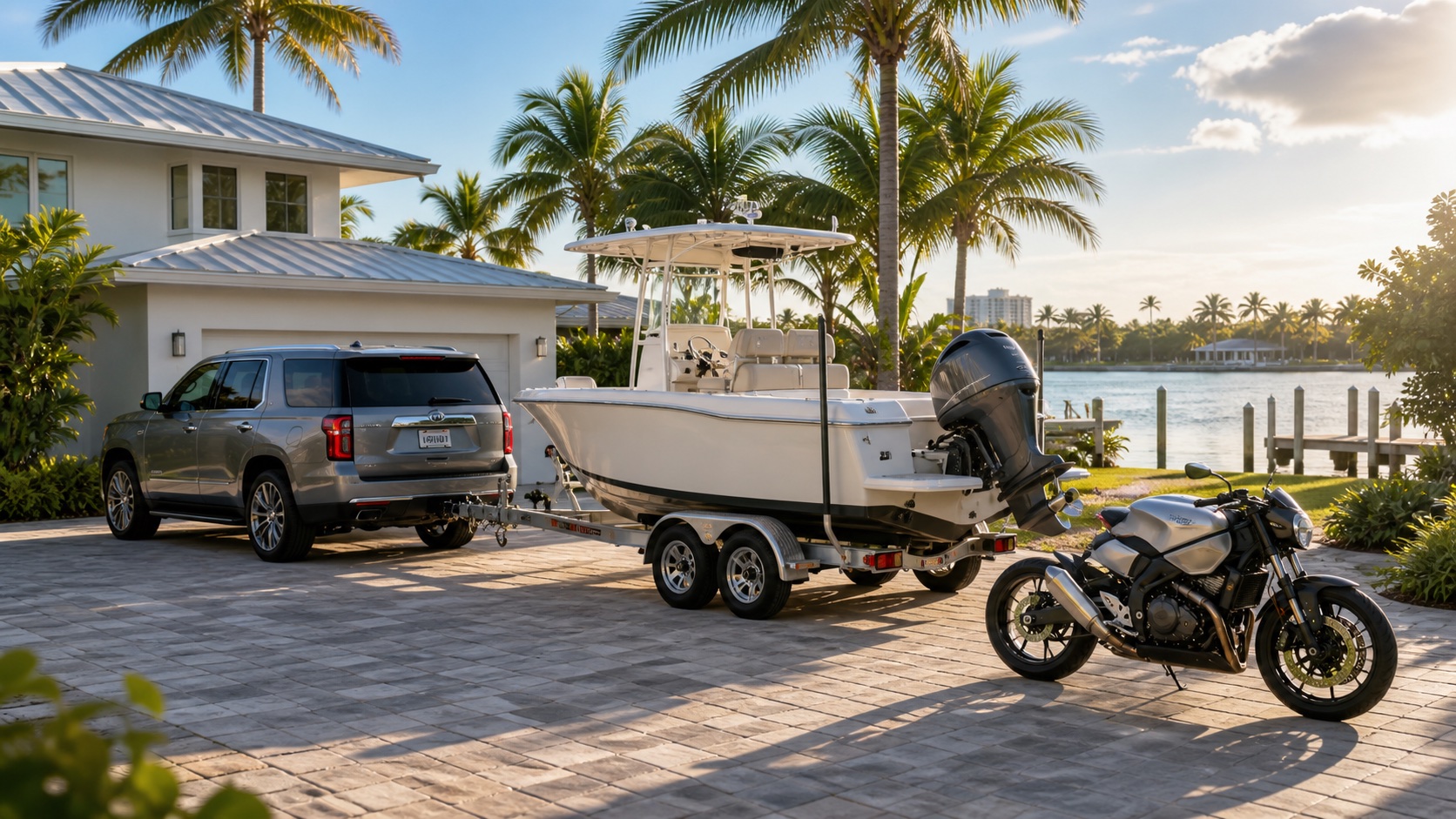 A South Florida waterfront scene with a vehicle, boat on a trailer, and motorcycle